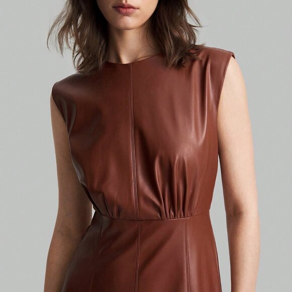 Brown Elegant Women's Round Neck Sleeveless Wide Shoulder PU Dress - Picture 3 of 9